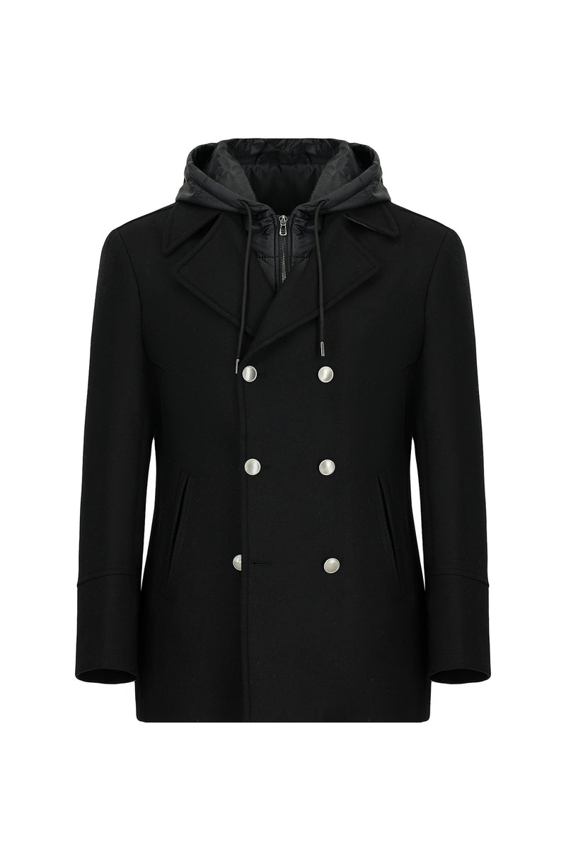 Siyah Yünlü Cepli Çıkarılabilir Kapüşonlu Yünlü Kruvaze Mont