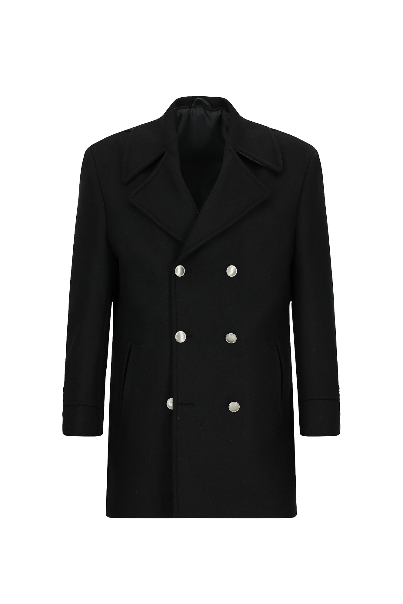 Siyah Yünlü Cepli Çıkarılabilir Kapüşonlu Yünlü Kruvaze Mont