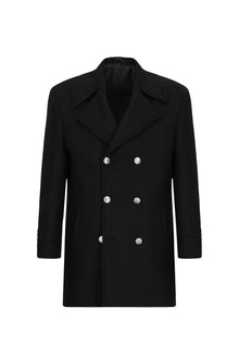 Siyah Yünlü Cepli Çıkarılabilir Kapüşonlu Yünlü Kruvaze Mont