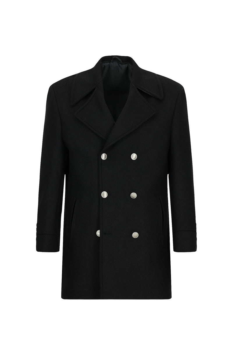 Siyah Yünlü Cepli Çıkarılabilir Kapüşonlu Yünlü Kruvaze Mont