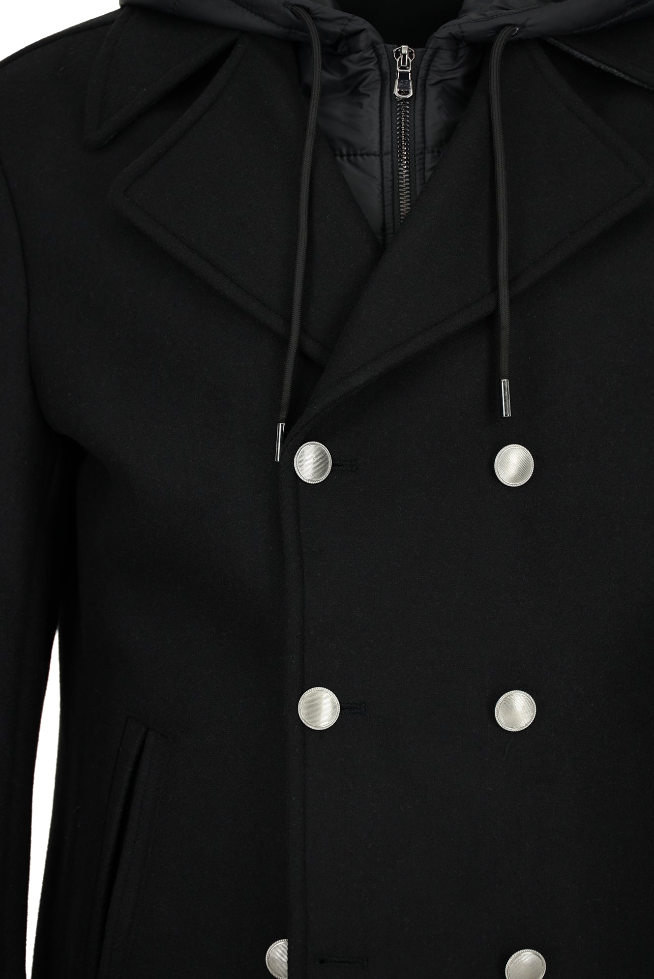 Siyah Yünlü Cepli Çıkarılabilir Kapüşonlu Yünlü Kruvaze Mont