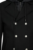 Siyah Yünlü Cepli Çıkarılabilir Kapüşonlu Yünlü Kruvaze Mont