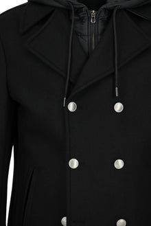 Siyah Yünlü Cepli Çıkarılabilir Kapüşonlu Yünlü Kruvaze Mont