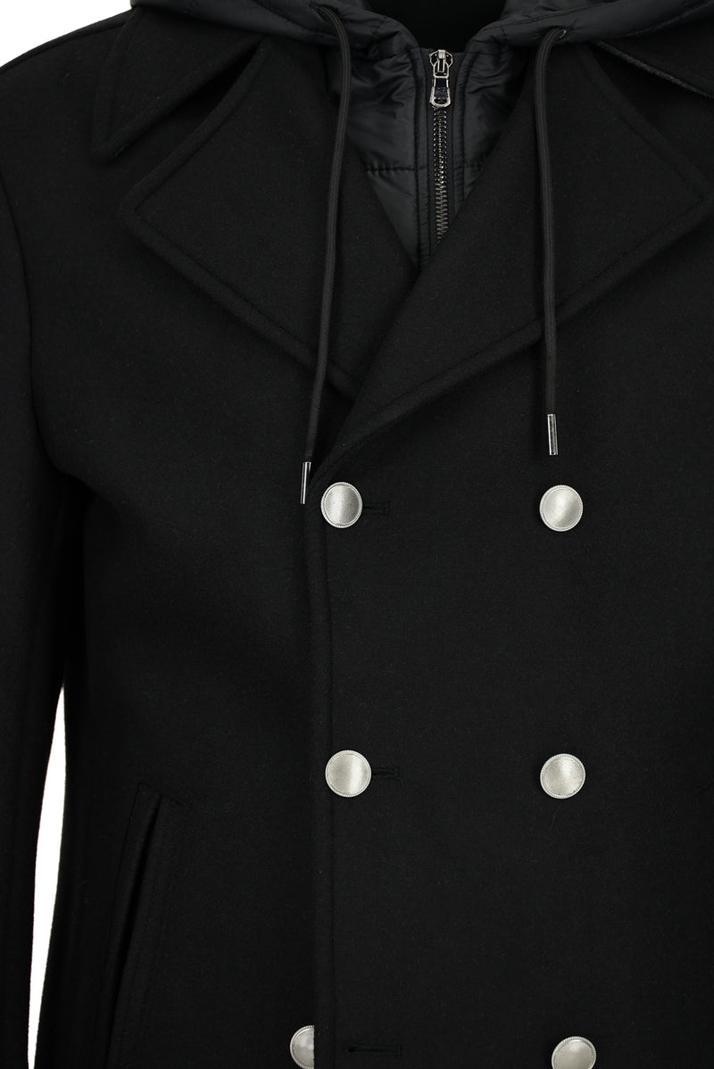 Siyah Yünlü Cepli Çıkarılabilir Kapüşonlu Yünlü Kruvaze Mont