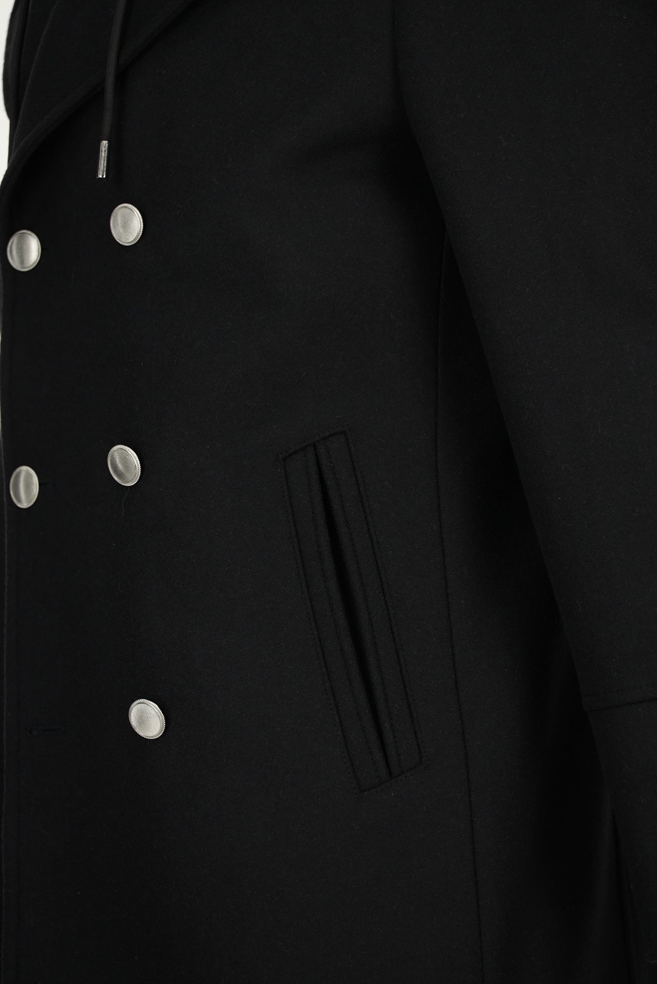 Siyah Yünlü Cepli Çıkarılabilir Kapüşonlu Yünlü Kruvaze Mont