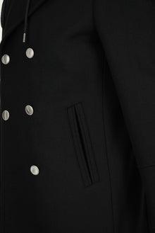 Siyah Yünlü Cepli Çıkarılabilir Kapüşonlu Yünlü Kruvaze Mont