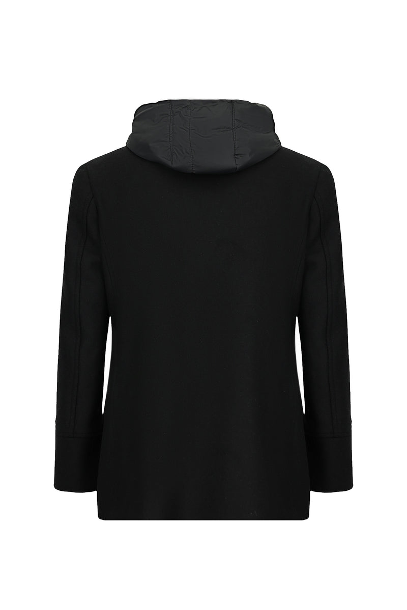 Siyah Yünlü Cepli Çıkarılabilir Kapüşonlu Yünlü Kruvaze Mont