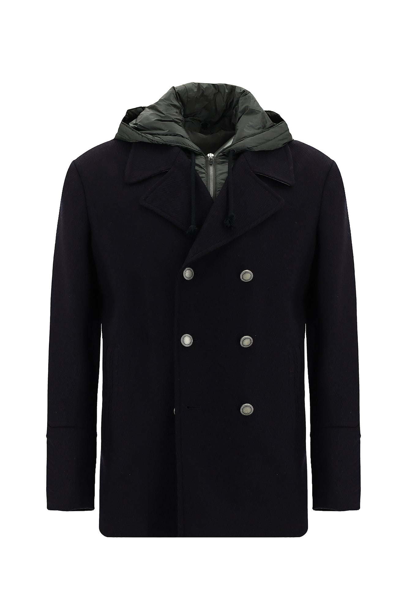 Koyu Lacivert Kapüşonlu Yünlü Kruvaze Mont