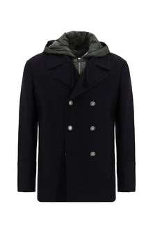 Koyu Lacivert Kapüşonlu Yünlü Kruvaze Mont