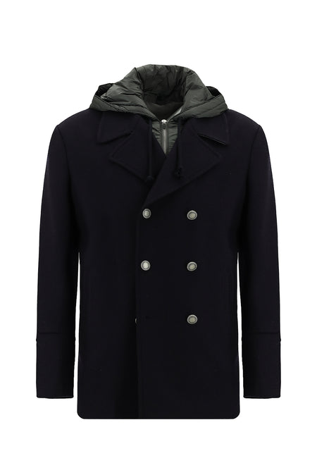 Koyu Lacivert Kapüşonlu Yünlü Kruvaze Mont