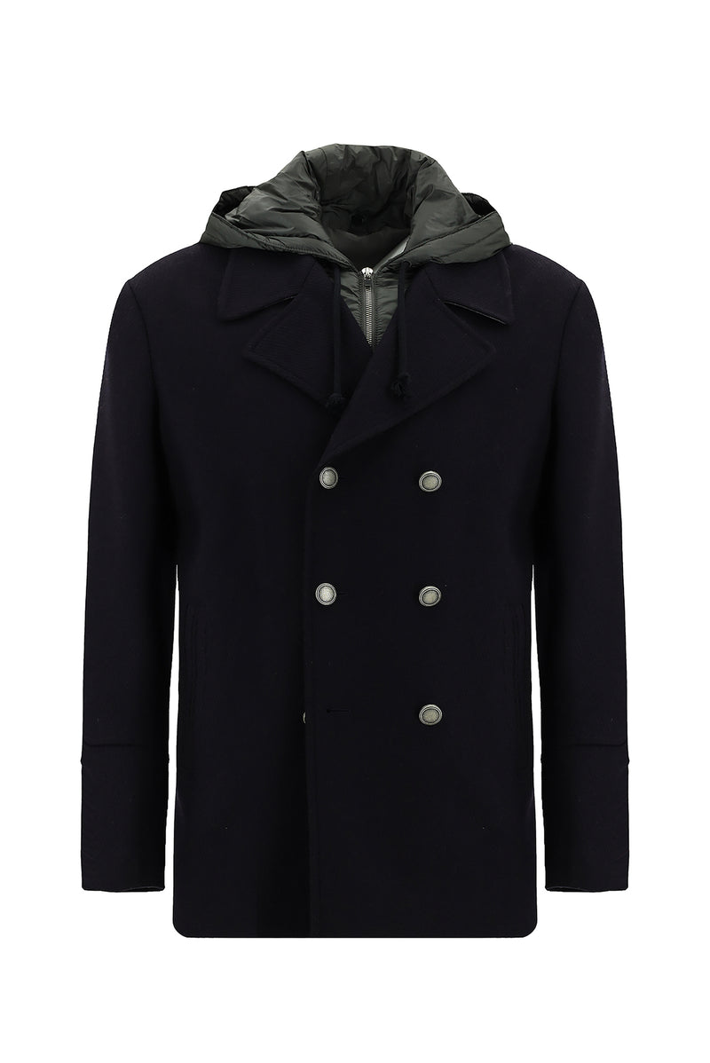 Koyu Lacivert Kapüşonlu Yünlü Kruvaze Mont