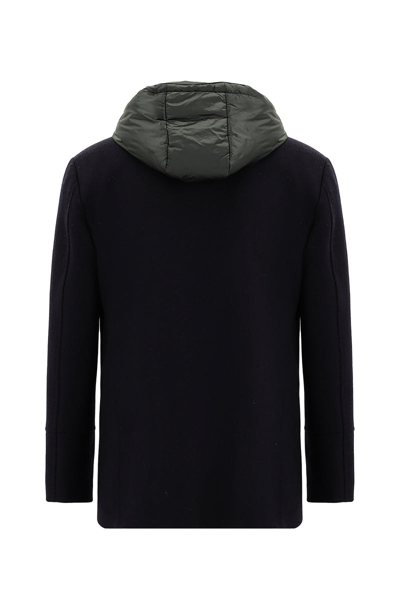 Koyu Lacivert Kapüşonlu Yünlü Kruvaze Mont