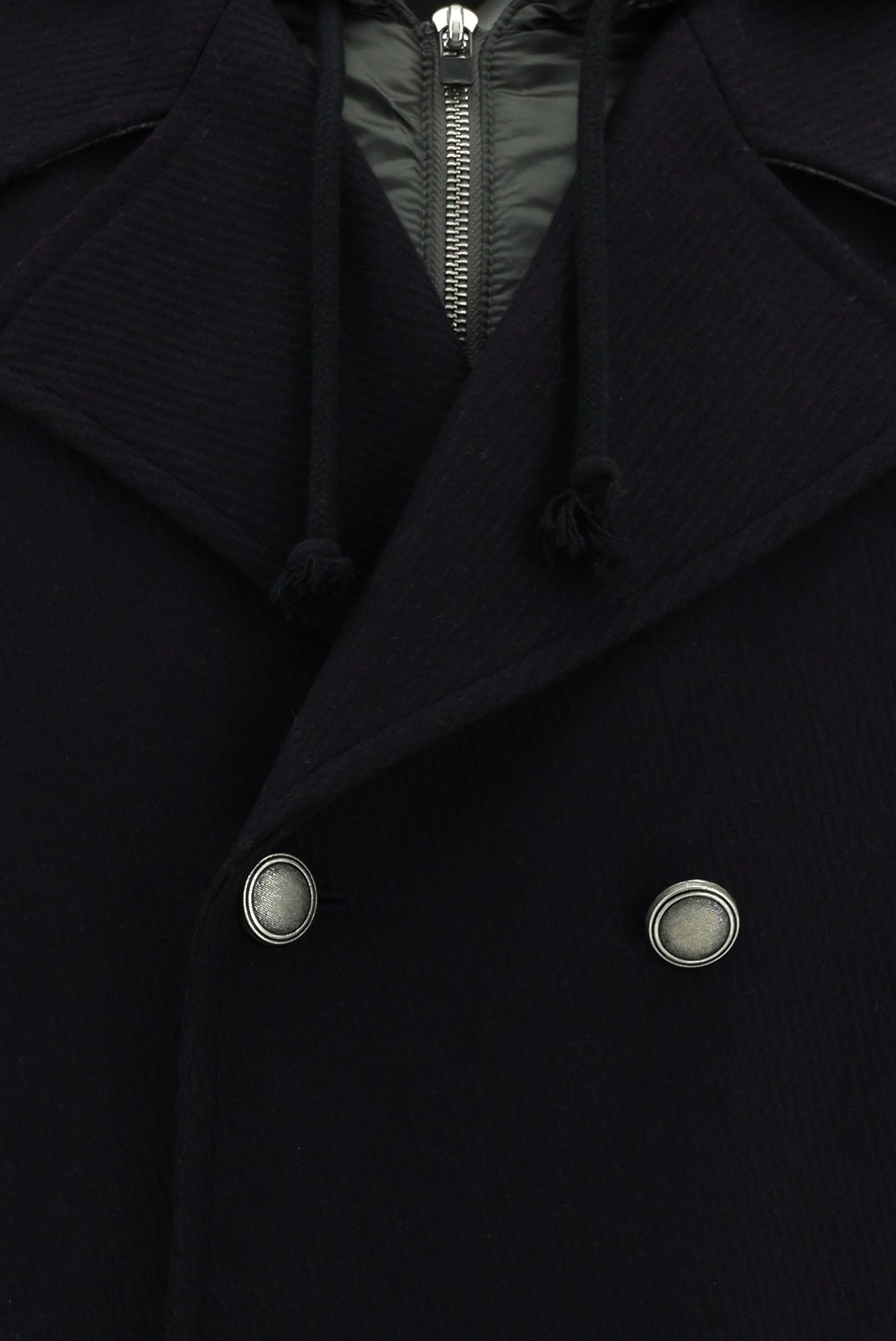 Koyu Lacivert Kapüşonlu Yünlü Kruvaze Mont