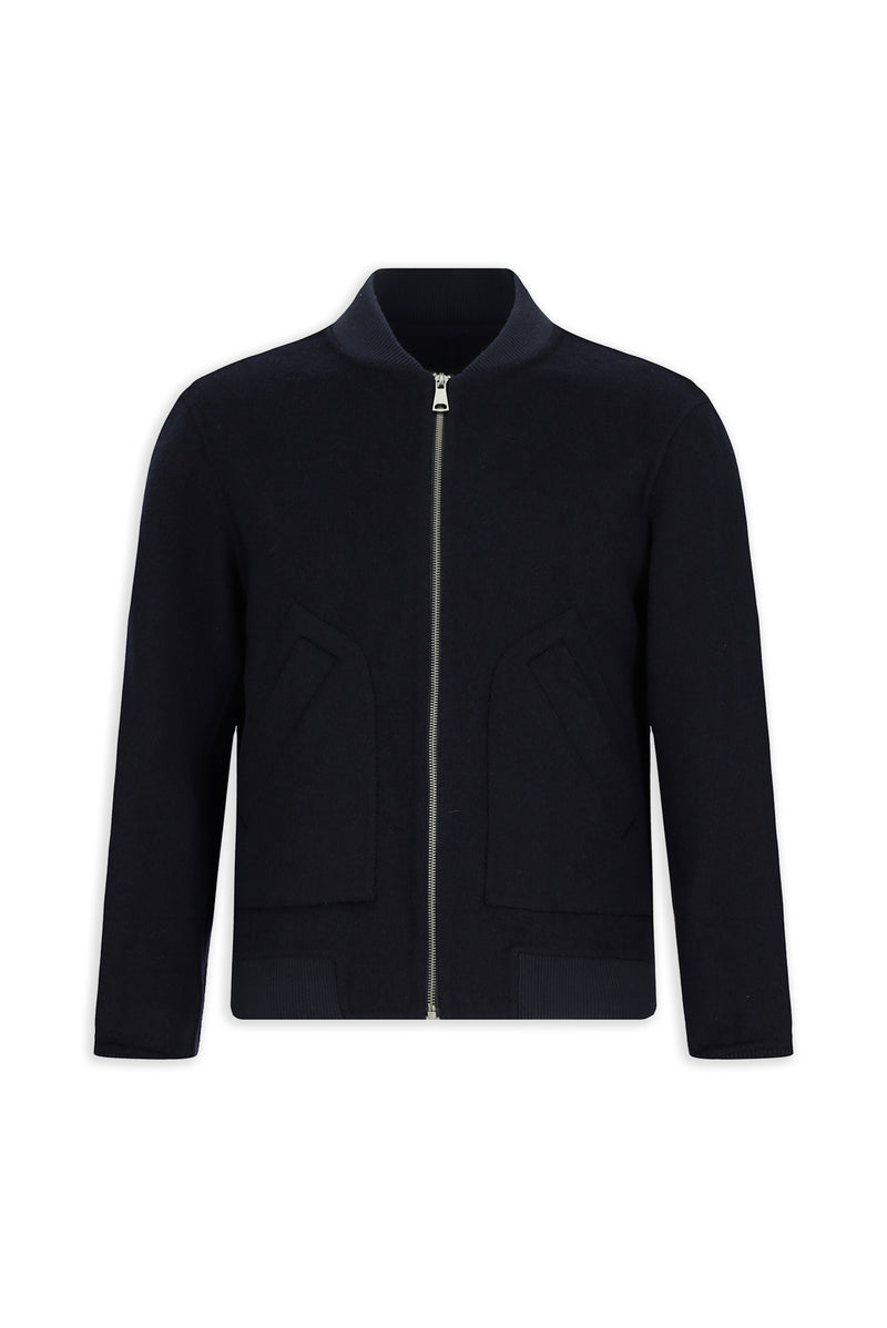 Koyu Lacivert Yünlü Cepli Sıcak Tutan Fermuarlı Bomber Ceket / Mont