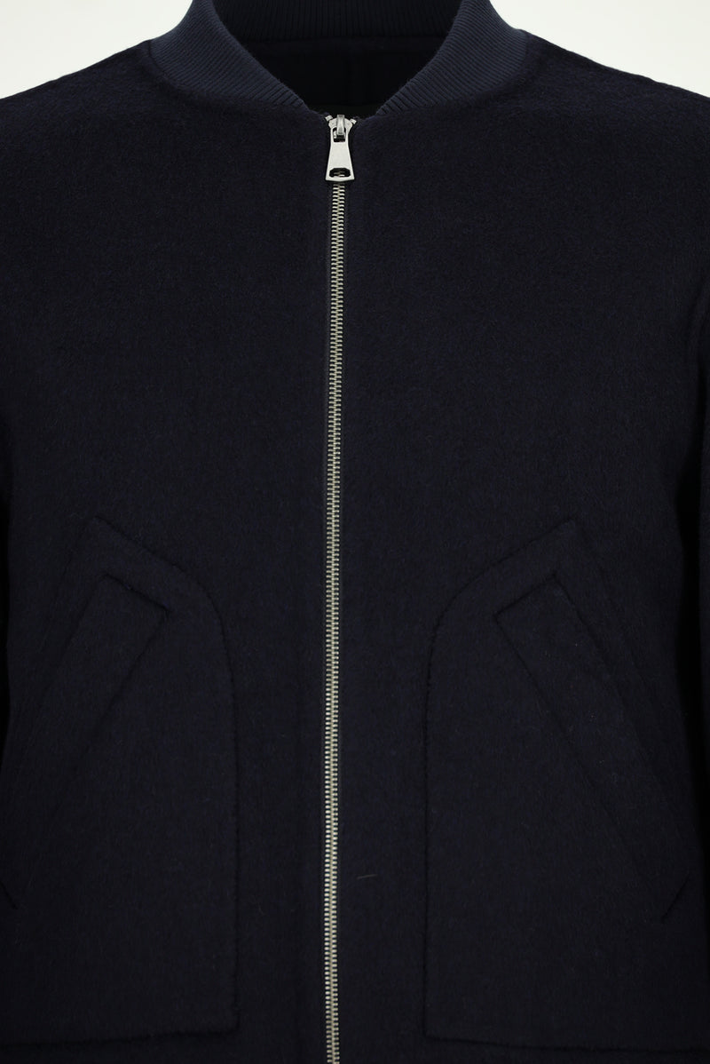 Koyu Lacivert Yünlü Cepli Sıcak Tutan Fermuarlı Bomber Ceket / Mont