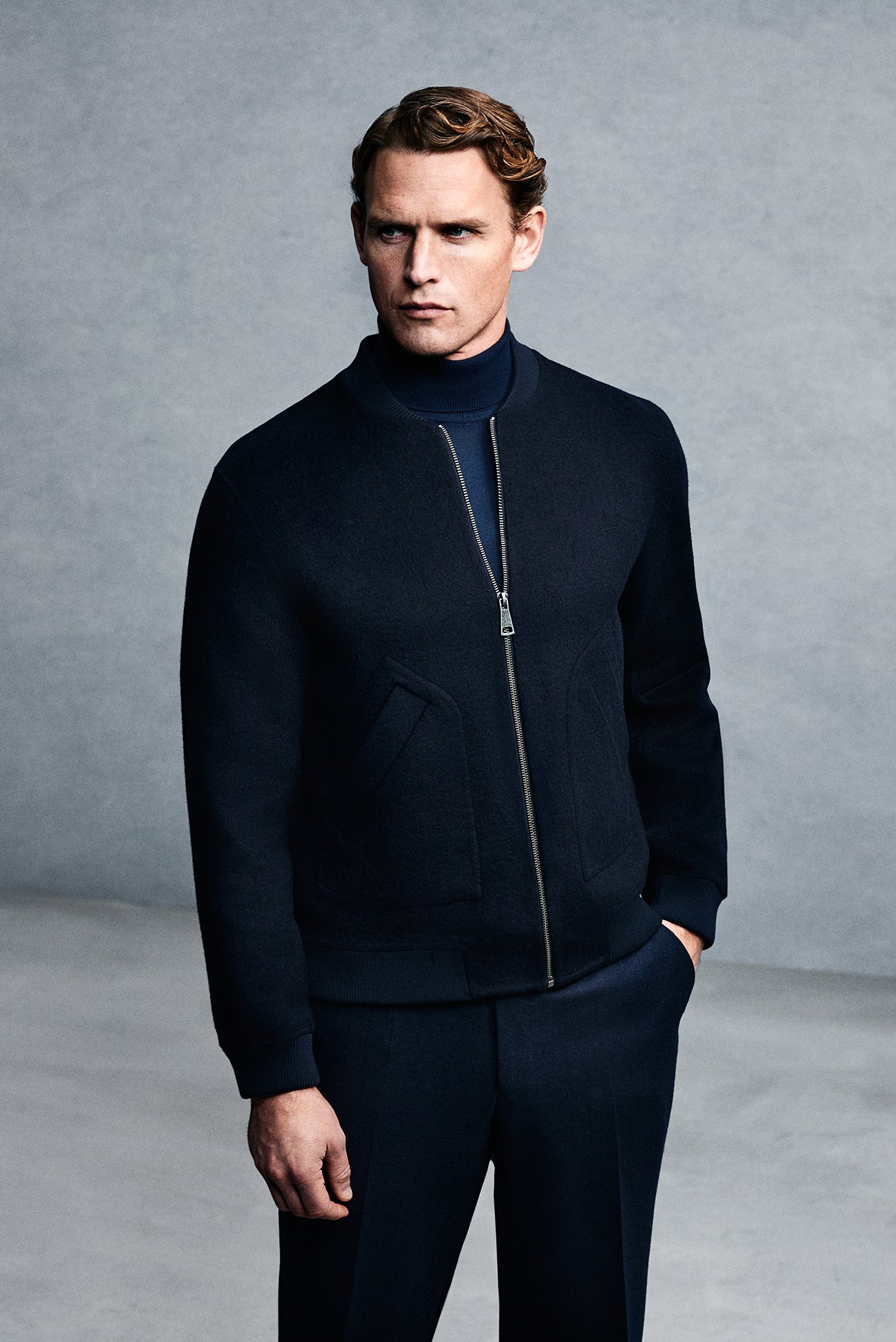 Koyu Lacivert Yünlü Cepli S?cak Tutan Fermuarl? Bomber Ceket / Mont-Abdullah Ki??l?