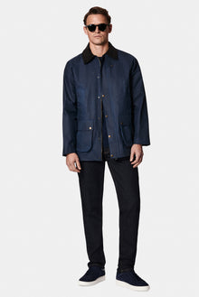 Siyah Lacivert Tam Astar Cepli Balmumu Kaplama Su ve Rüzgar Geçirmez Pamuk Mont