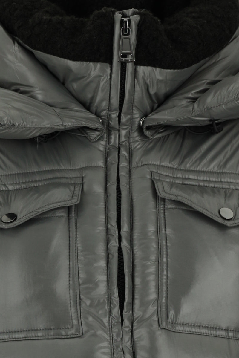 Orta Gri Sherpa Detaylı Kapüşonlu Spor Şişme Mont