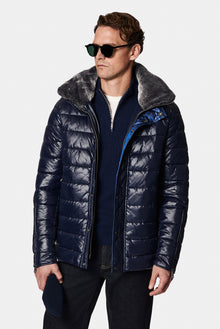 Koyu Lacivert Dik Yaka Kürklü Fermuarlı Cepli Şişme Mont