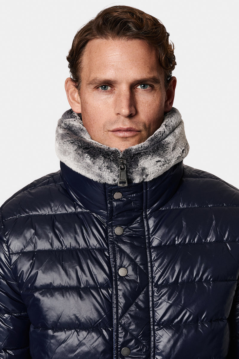 Koyu Lacivert Dik Yaka Kürklü Fermuarlı Cepli Şişme Mont