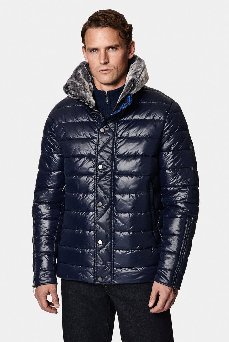 Koyu Lacivert Dik Yaka Kürklü Fermuarlı Cepli Şişme Mont