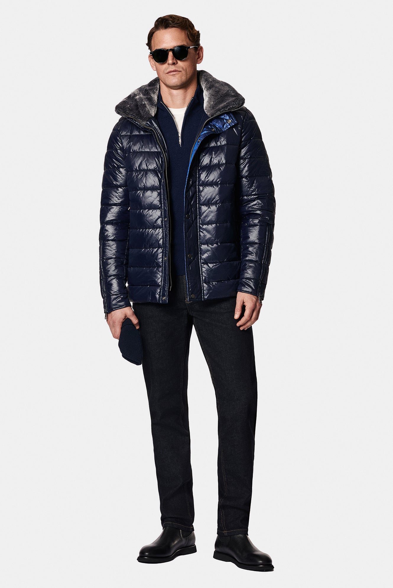 Koyu Lacivert Dik Yaka Kürklü Fermuarlı Cepli Şişme Mont