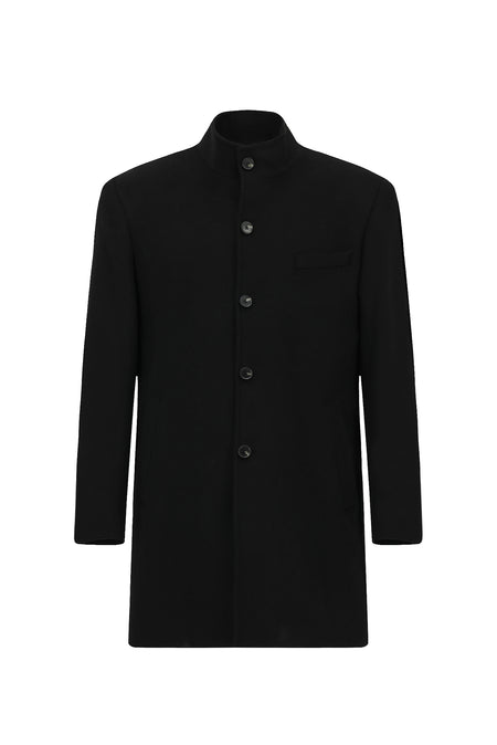 Siyah Dik Yaka Düğmeli Cepli Yünlü Klasik Kaşe Kaban