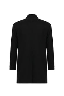 Siyah Dik Yaka Düğmeli Cepli Yünlü Klasik Kaşe Kaban