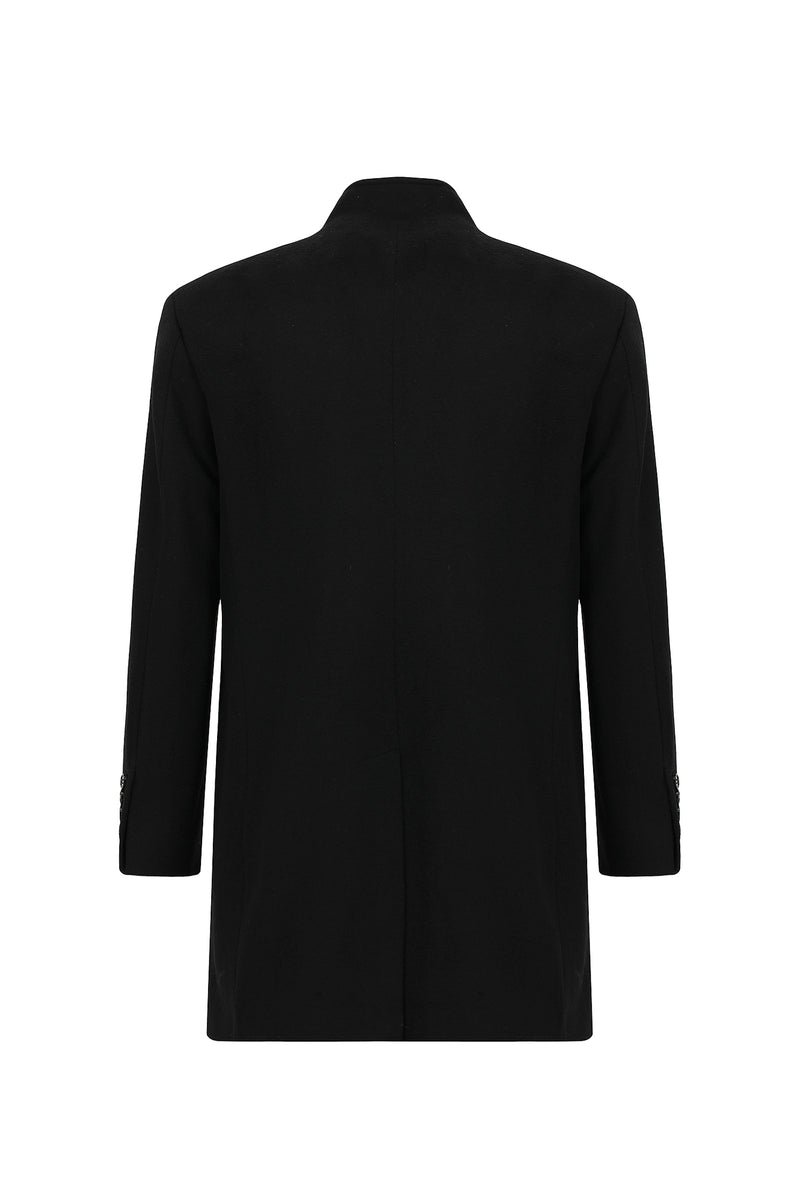 Siyah Dik Yaka Düğmeli Cepli Yünlü Klasik Kaşe Kaban