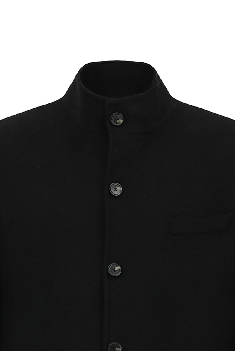 Siyah Dik Yaka Düğmeli Cepli Yünlü Klasik Kaşe Kaban