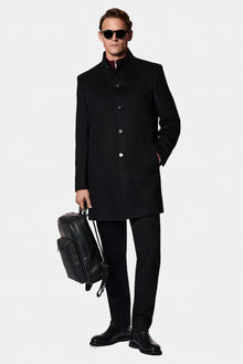 Siyah Dik Yaka Düğmeli Cepli Yünlü Klasik Kaşe Kaban