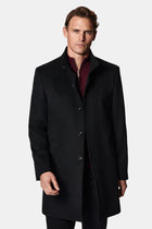 Siyah Dik Yaka Düğmeli Cepli Yünlü Klasik Kaşe Kaban