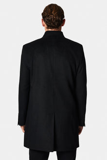 Siyah Dik Yaka Düğmeli Cepli Yünlü Klasik Kaşe Kaban