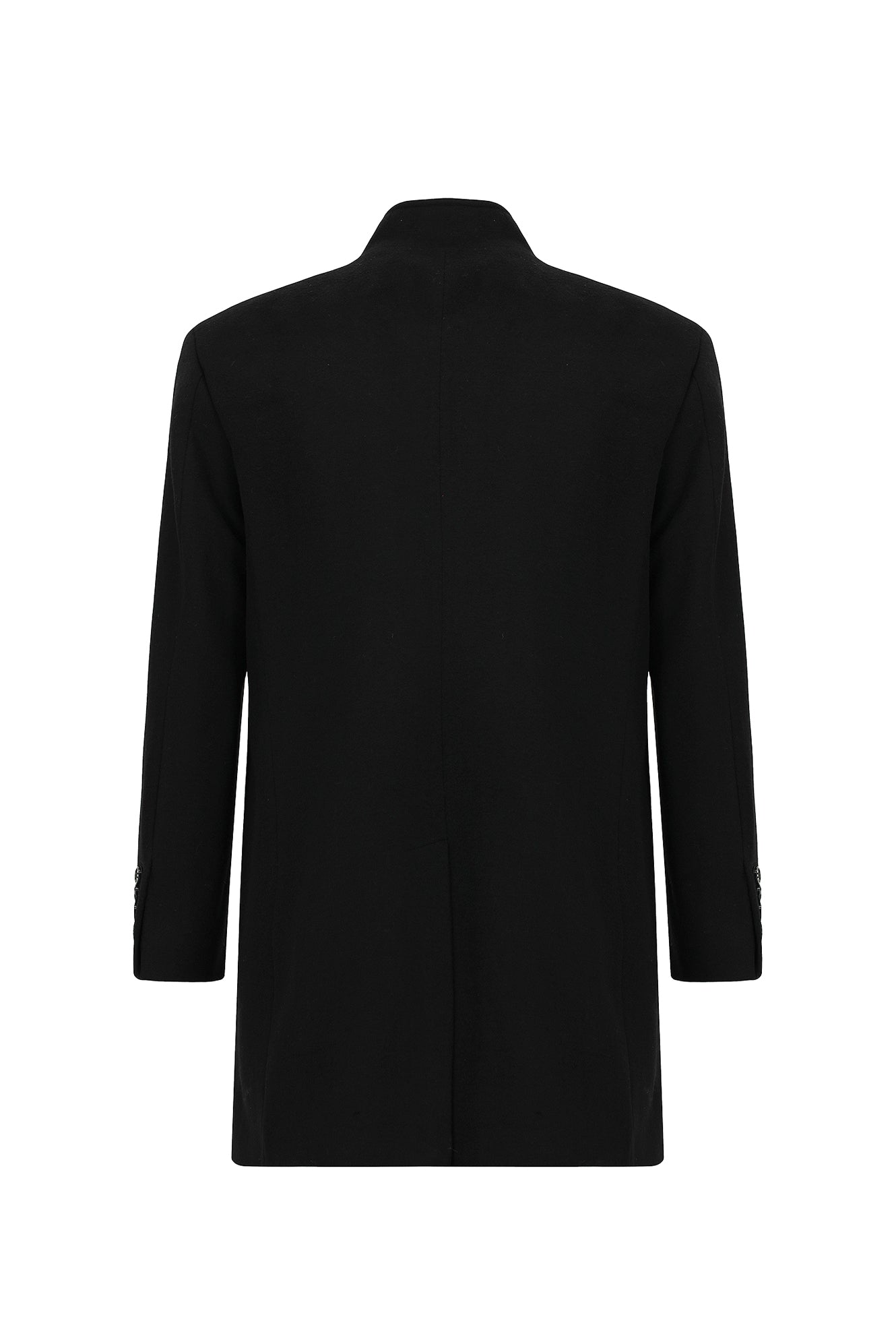 Siyah Dik Yaka Düğmeli Cepli Yünlü Klasik Kaşe Kaban