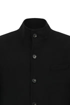 Siyah Dik Yaka Düğmeli Cepli Yünlü Klasik Kaşe Kaban