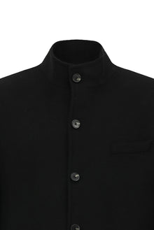 Siyah Dik Yaka Düğmeli Cepli Yünlü Klasik Kaşe Kaban