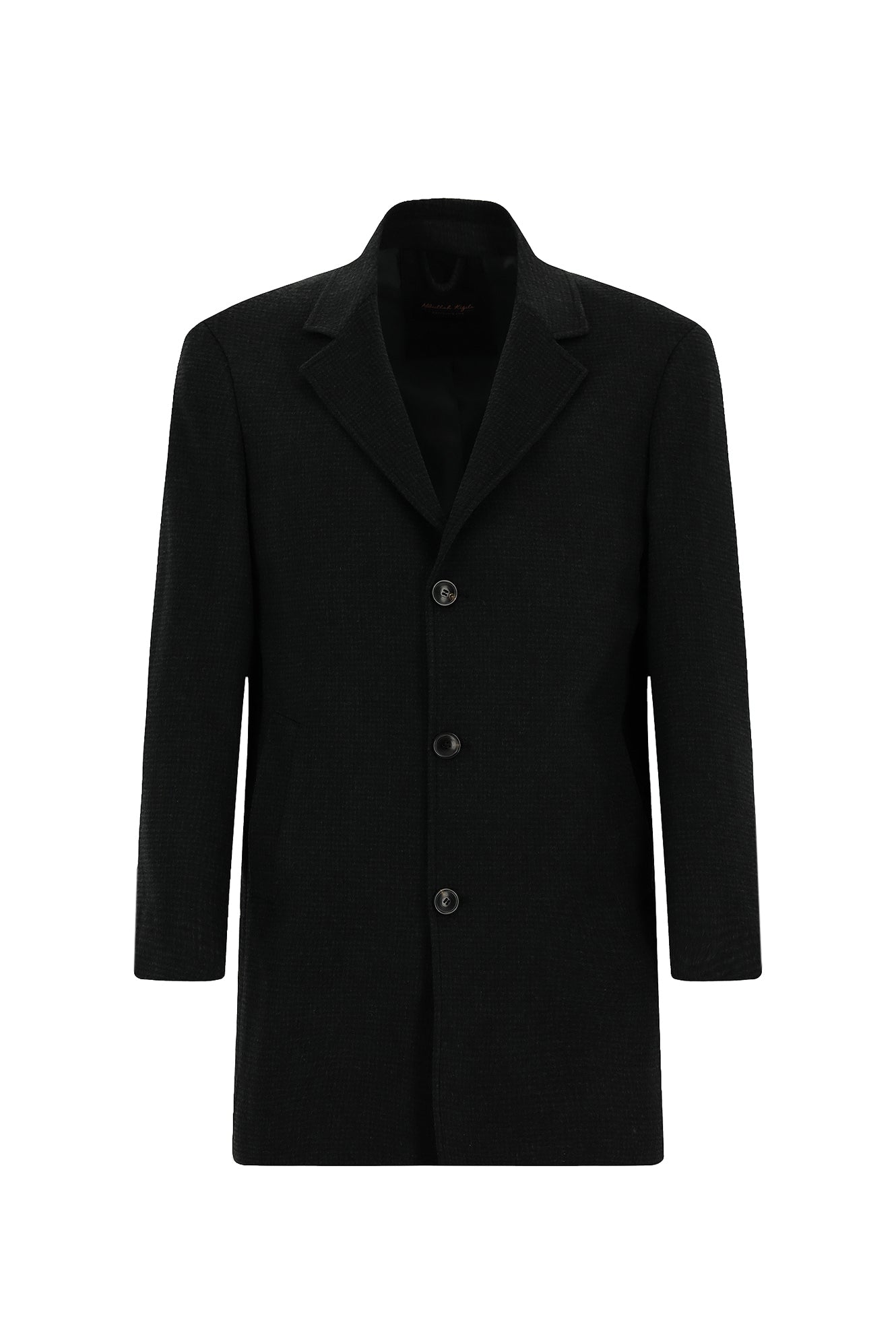 Siyah Mono Yaka Düğmeli Cepli Yünlü Desenli Klasik Kaşe Kaban