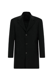 Siyah Mono Yaka Düğmeli Cepli Yünlü Desenli Klasik Kaşe Kaban