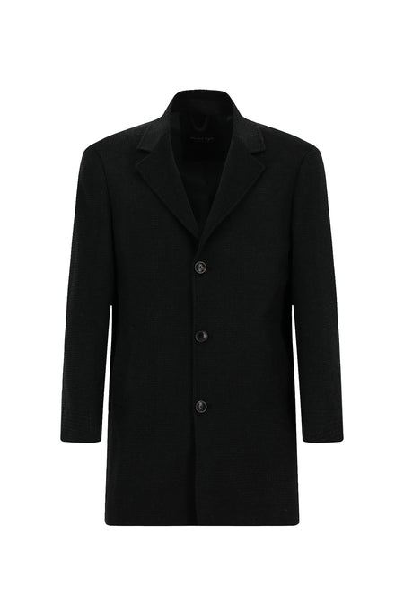 Siyah Mono Yaka Düğmeli Cepli Yünlü Desenli Klasik Kaşe Kaban