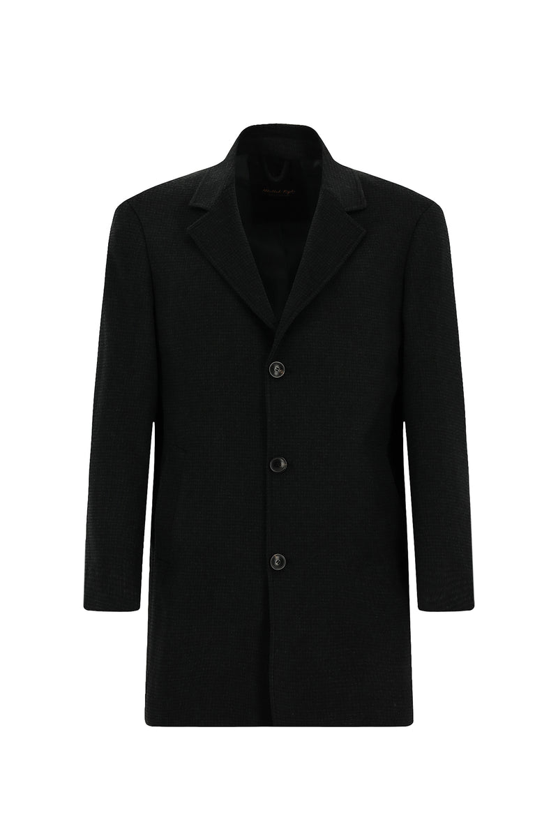 Siyah Mono Yaka Düğmeli Cepli Yünlü Desenli Klasik Kaşe Kaban