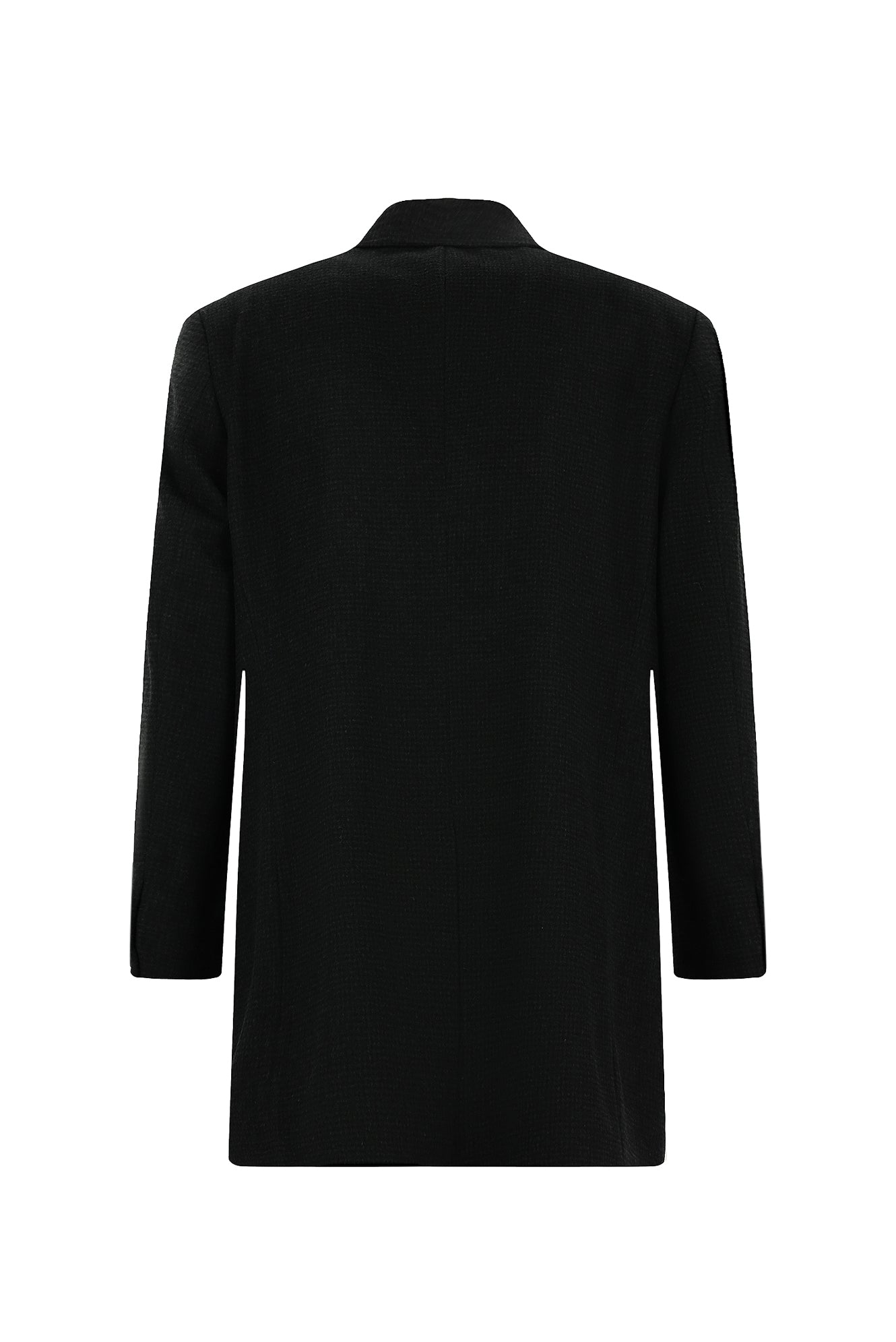 Siyah Mono Yaka Düğmeli Cepli Yünlü Desenli Klasik Kaşe Kaban