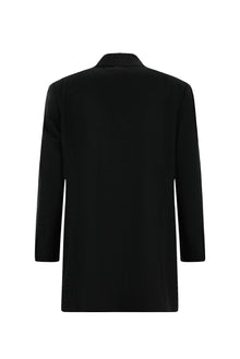 Siyah Mono Yaka Düğmeli Cepli Yünlü Desenli Klasik Kaşe Kaban