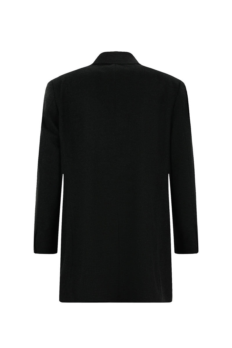 Siyah Mono Yaka Düğmeli Cepli Yünlü Desenli Klasik Kaşe Kaban