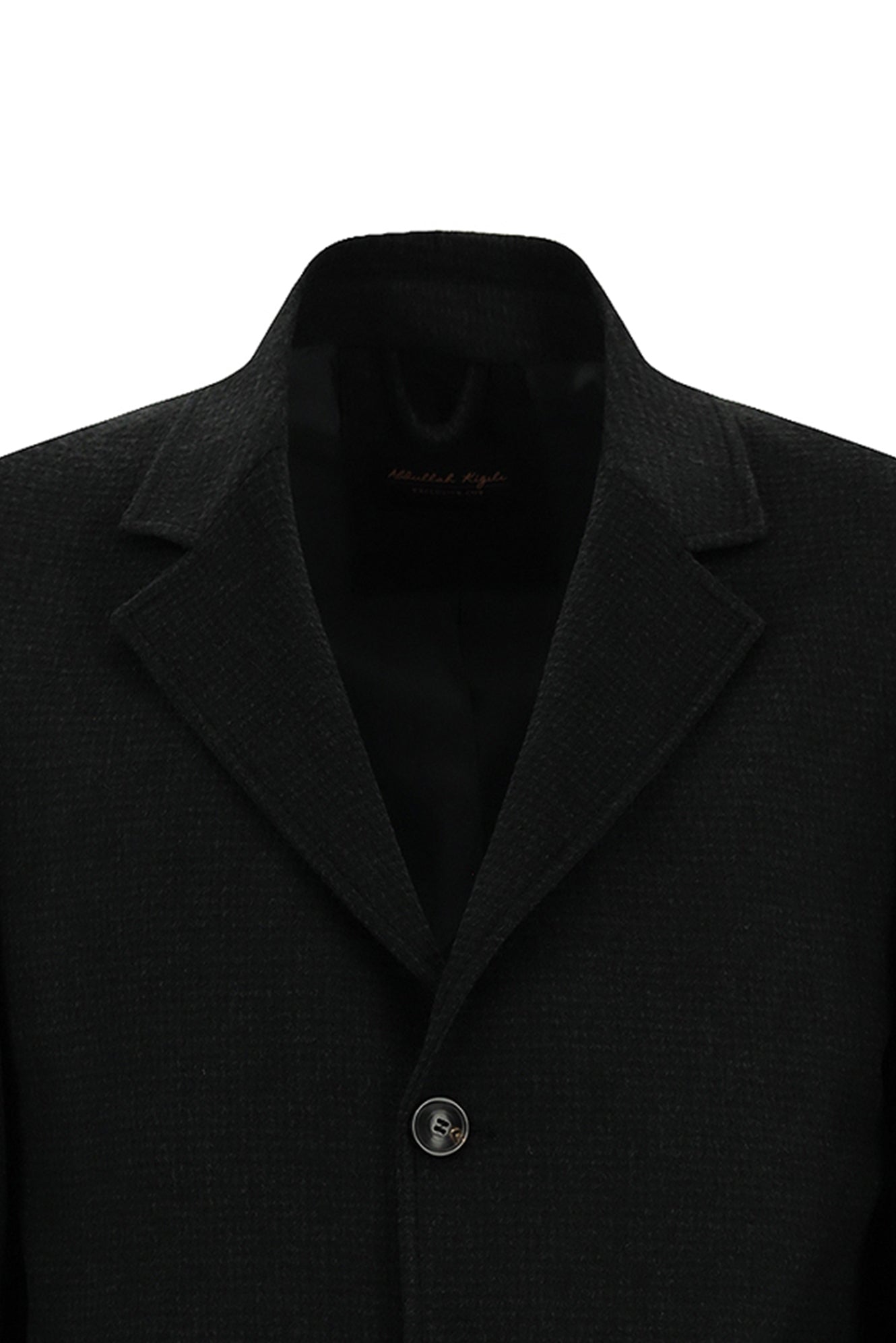 Siyah Mono Yaka Düğmeli Cepli Yünlü Desenli Klasik Kaşe Kaban