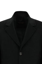 Siyah Mono Yaka Düğmeli Cepli Yünlü Desenli Klasik Kaşe Kaban