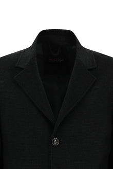 Siyah Mono Yaka Düğmeli Cepli Yünlü Desenli Klasik Kaşe Kaban