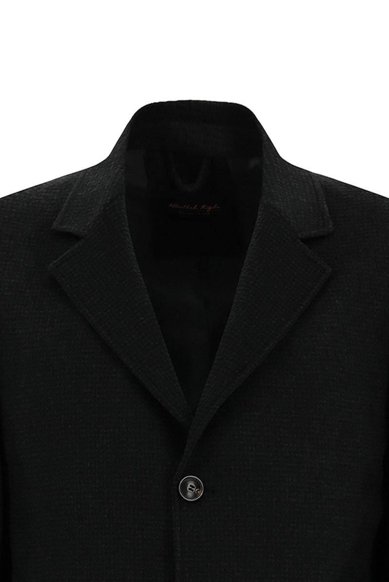 Siyah Mono Yaka Düğmeli Cepli Yünlü Desenli Klasik Kaşe Kaban