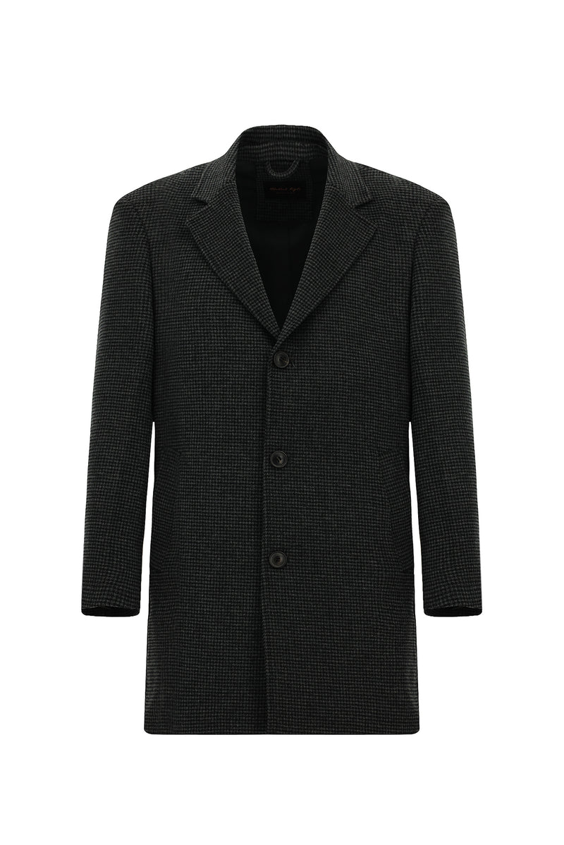 Koyu Antrasit Mono Yaka Düğmeli Cepli Yünlü Desenli Klasik Kaşe Kaban