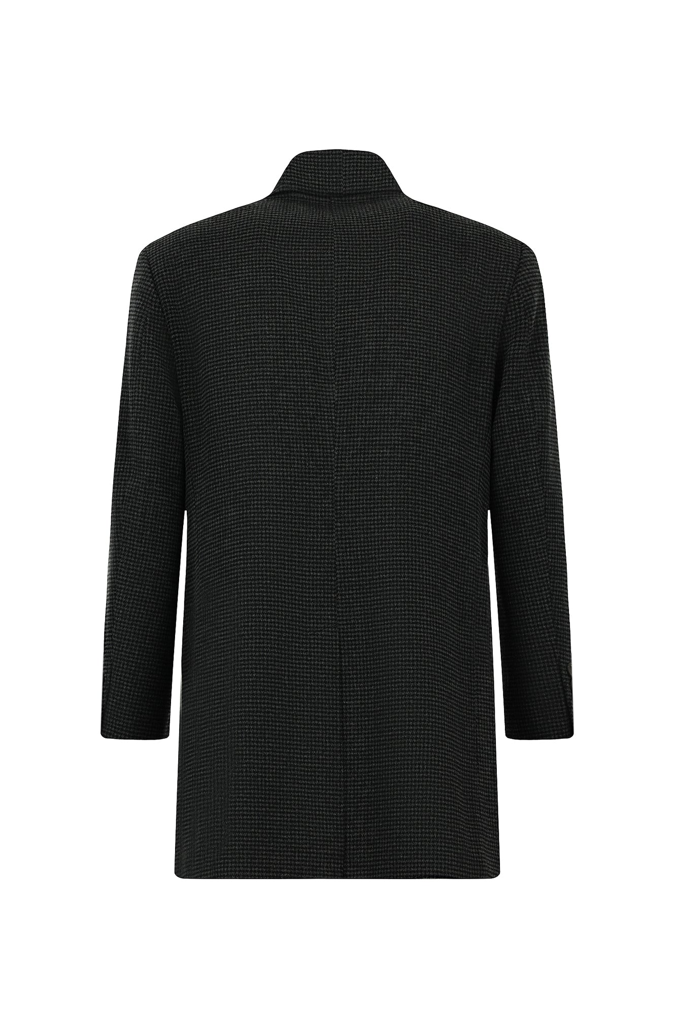 Koyu Antrasit Mono Yaka Düğmeli Cepli Yünlü Desenli Klasik Kaşe Kaban