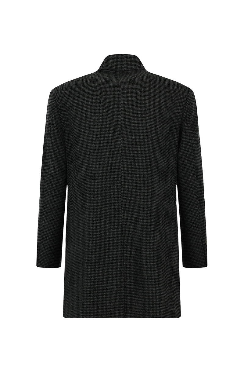 Koyu Antrasit Mono Yaka Düğmeli Cepli Yünlü Desenli Klasik Kaşe Kaban